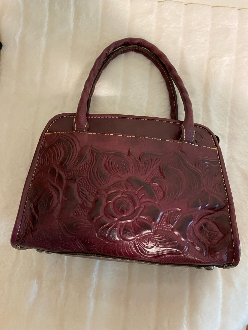 Patricia Nash Small Paris Satchel Leather Rose Tooled Design in Raspberry